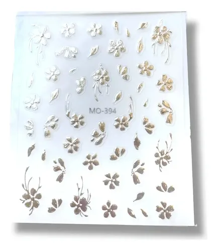 Stickers Para Uñas Cromados Destellos Moños Gemas 5d Y 6d Flores plateadas Mo-394