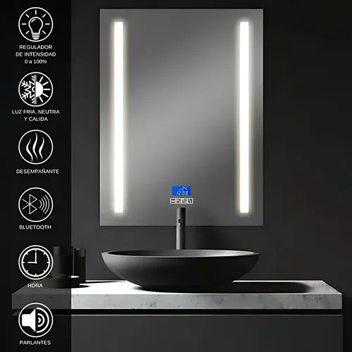 Espejo Rectangular Luz Led Desempañador Baño 80×60 Bluetooth