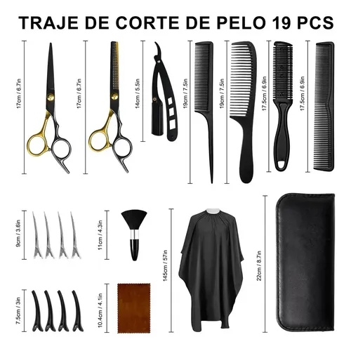 Kit Peluquería 19 Piezas Tijeras Peines Estuche Negro