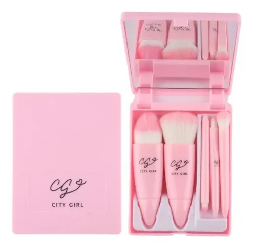 Set Brochas De Maquillaje X5 Estuche Y Espejo Portatil