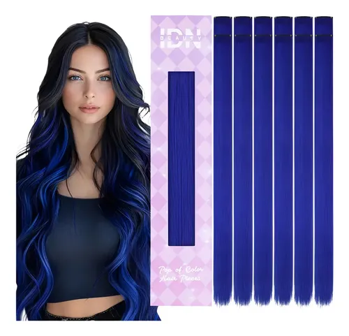Extensiones De Cabello Mechas Azules 60cm Con Clip 12u Azul