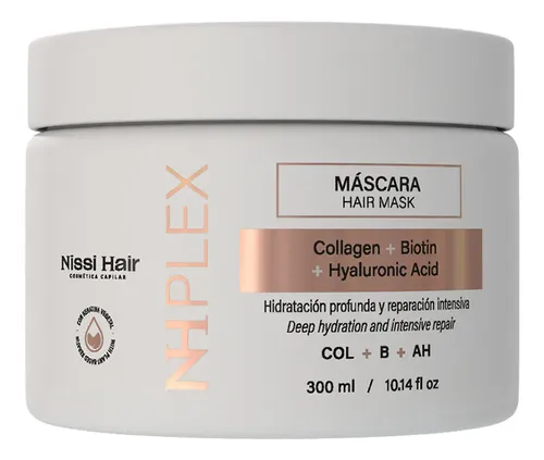 Mascara Capilar Nissi Hair NH Plex Colágeno Biotina Acido Hialuronico Formula profesional Nutre Hidrata y Repara Sin Sal, sin silicona y sin parabenos Cruelty Free y apto para rulos
