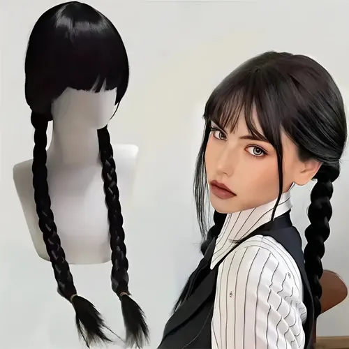Película De Pelo Sintético De Long Wednesday Addams, Cosplay