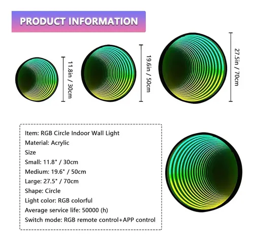 Luz Espejo Infinito 3d Multicolor Colgante 50cm Negro