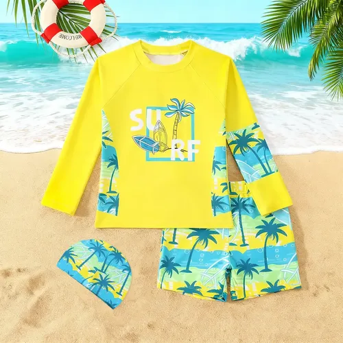 Traje De Baño Niño 2 Piezas Manga Larga Con Gorra Upf50+