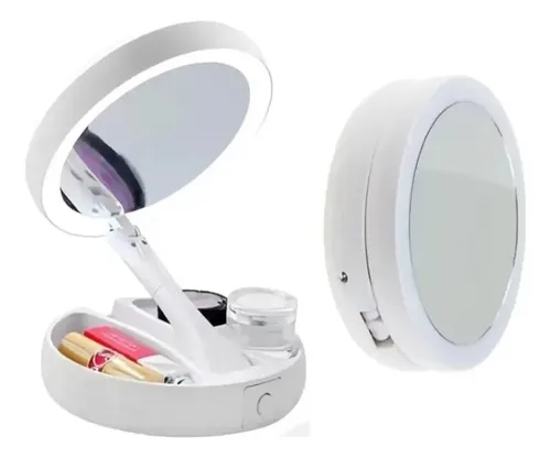 Espejo Para Maquillaje Doble C/ Aumento 10x Y Luz Led Blanco