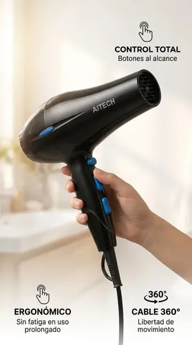 Secador Pelo Ionizador Profesional Iones Negativos Anti Frizz Brillo Sedoso Cabello Brillante Liviano Compacto Salon Peluqueria Hogar Cuidado Capilar Ergonomico Termico Potente Eficiente Belleza Negro