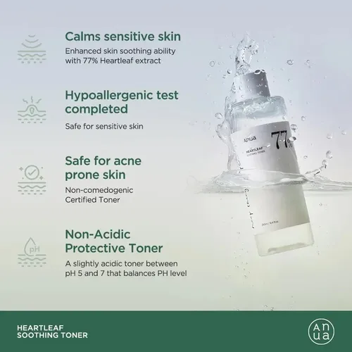 Anua 77% Heartleaf Soothing Toner Coreano Relajante 250ml Tipo de piel Todo tipo de piel
