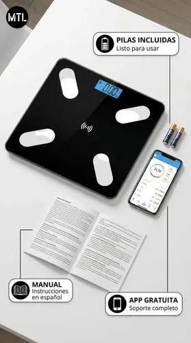 Balanza Digital Baño MTL Bluetooth 180kg Vidrio Templado Sensor Alta Precision Pantalla Lcd Encendido Automatico Diseño Slim Antideslizante Hogar Control Peso Salud Fitness App
