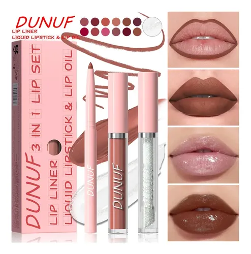 Set Labial 3 En 1 Dunuf Delineador Líquido Y Brillo