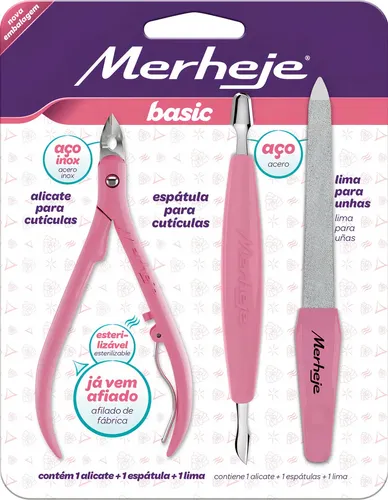 Kit de Manicura Merheje Basic 3 Piezas con Cortacutículas, Empujador y Lima de Uñas
