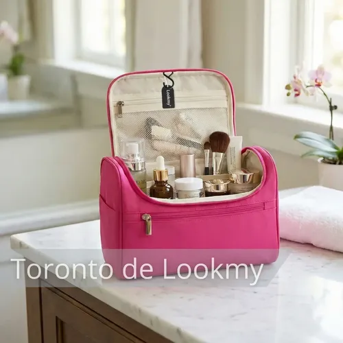 Porta Cosmeticos De Viaje Rosa Lookmy | Bolso Neceser Con Percha De Colgar | Organizador De Maquillaje Y Cosméticos |