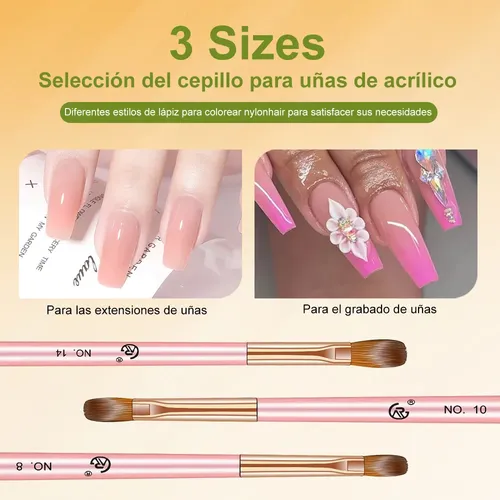 Kit De 3 Pinceles Acrílicos Para Uñas Profesionales Mj303