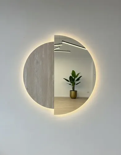 Espejo Redondo Pared Baño Con Luz Mitad Madera Borde Pulido