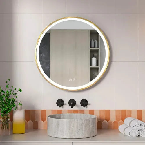 Espejo Redondo con Luz LED Táctil para Baño, Desempañante y Marco Dorado de 60 cm