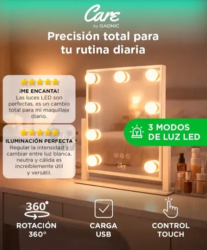 Espejo De Maquillaje Care By Gadnic Skincare Luces LED 3 Modos Táctil