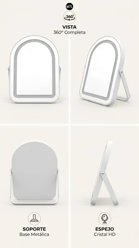 Espejo Maquillaje Led Mtl Luz Touch Ajustable Mesa Base Soporte Iluminacion Uniforme Portatil Diseño Moderno Tocador Belleza Hogar Espejo Luz Calida Blanca