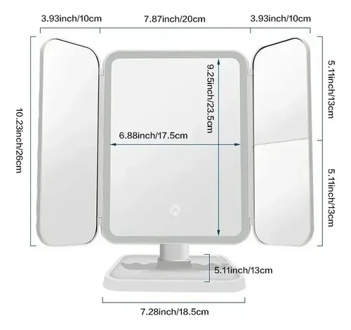 Espejo Maquillaje Led Triple Plegable 3 Modos Luz Aumento