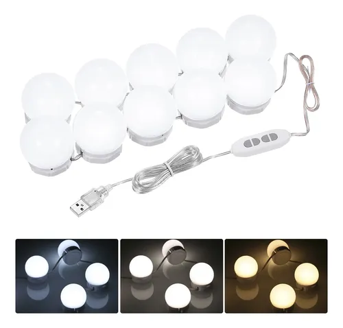 Kit De Luces Led Para Espejo De Tocador: 10 Bombillas, 3 Colores, Regulables