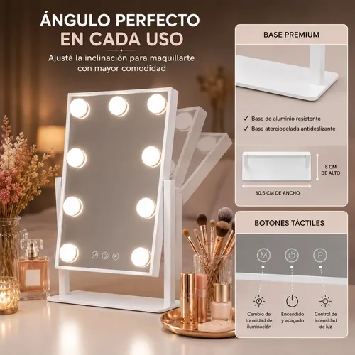 Espejo De Maquillaje Con Luces Led 3 Tonos Táctil 9leds