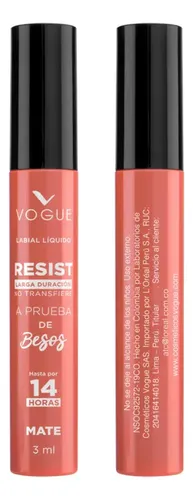 Labial Liquido Resist de Vogue con Acabado Mate Color Elegante 3.ml