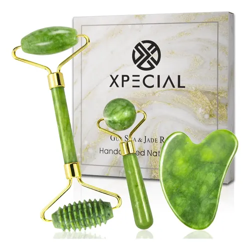 Set Masajeador Facial Jade Roller Y Gua Sha Xpecial Gold