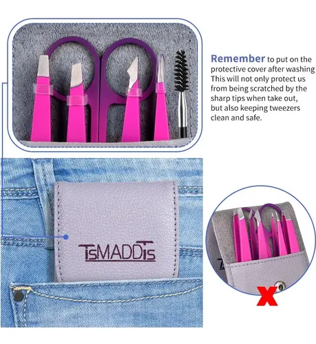 Set Pinzas Cejas Tsmaddts 6 Pzas Tijera Curva Morado