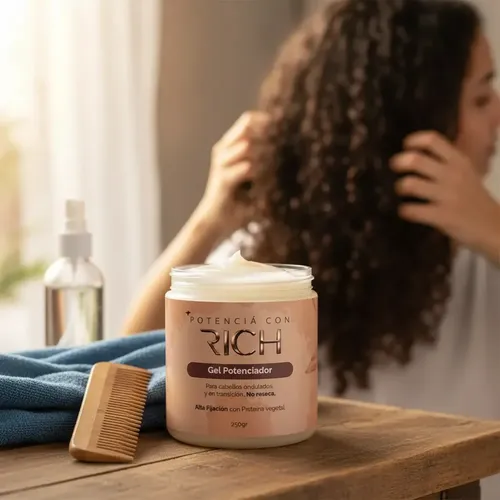 GEL potenciador RICH COVA alta fijación APTO MÉTODO CURLY libre de siliconas hidratante ANTI FRIZZ RULOS ONDAS Y CABELLO EN TRANSICIÓN