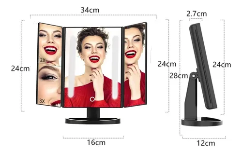 Espejo Tríptico Beauty24 Maquillaje Rectangular con Luz LED Aumento Negro