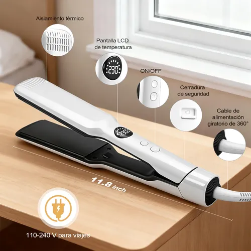 Plancha De Cabello Profesional 2 En 1 Alaciadora Ancha Lcd Blanco