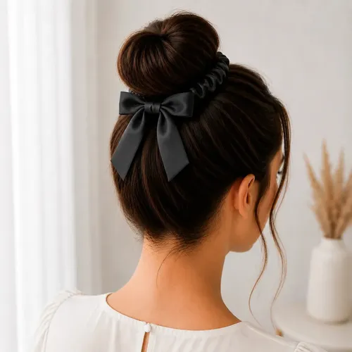 Scrunchie de saten con moño para mujer anti frizz coquette negro