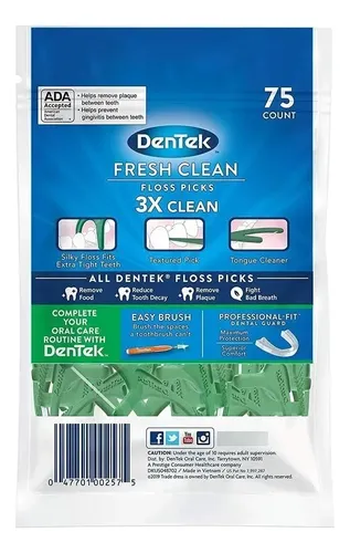 Hilo Dental con Mango Dentek Fresh Clean Menta 75 Uds Flosser Para Dientes Sensibles