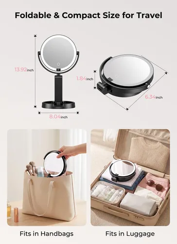Espejo De Maquillaje Con Luz Led 1x 10x Recargable Negro