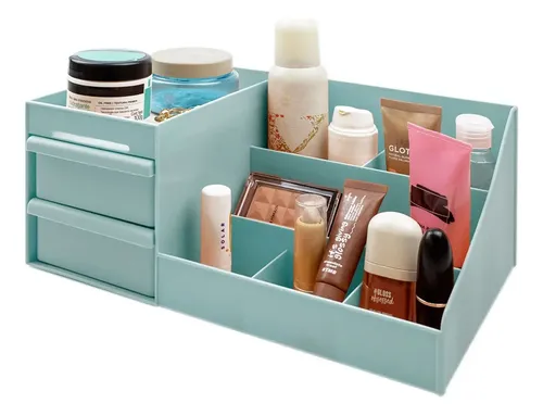 Organizador de Maquillaje con 2 Cajones para Escritorio Celeste
