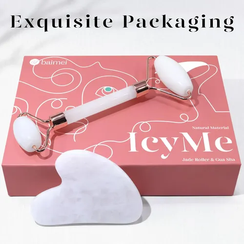 Set Masajeador Facial Baimei Jade Roller Y Gua Sha Blanco