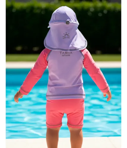 Traje De Baño Bebe Proteccion Solar Remera Uv + Boxer Gorra Color Violeta/coral Diseño De La Tela Velerito Talle 18-24 M