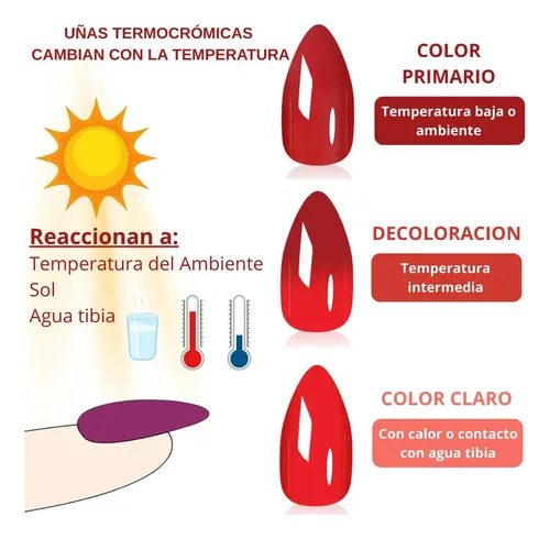 Uñas Press On Veluna Almendras – Cambian De Color Al Calor Color Rojo Termocrómico
