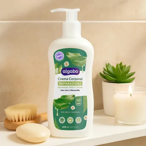 Crema Corporal Nutritiva Hidratante Reparadora Algabo 400ml Fragancia Aloe vera y manzanilla