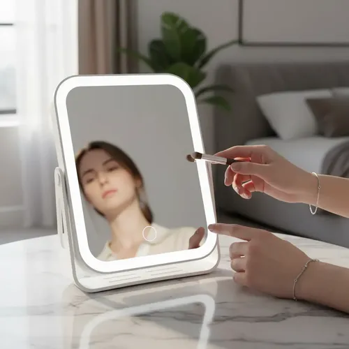 Espejo De Mesa Con Luz Led Táctil Recargable Blanco