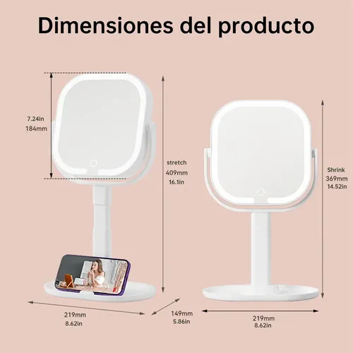 Tgb Q Espejo De Maquillaje Led Cuadrado Toque Usb Con Luz W