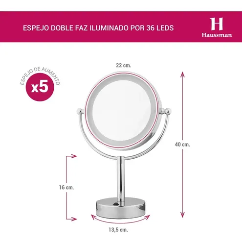 Espejo Maquillaje Luz Aumento X5 Doble Faz Base 22cm Vip