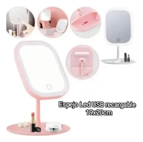 Espejo Maquillaje Rectangular Luz LED Táctil Plegable USB Blanco Kandel