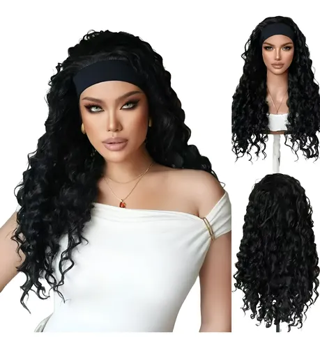 Peluca De Banda Negra Ondulada Profunda 65cm Para Mujer Xf