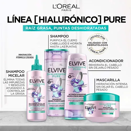 Shampoo Elvive L’Oreal Paris Hialurónico Hialurónico Pure Raíces Grasas Puntas Deshidratadas x370 ml