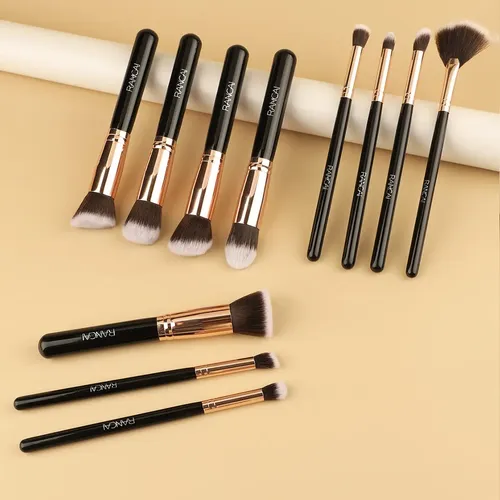 Set De 11 Brochas De Maquillaje Rancai En Negro Y Dorado