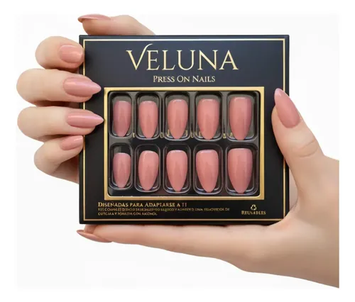 Uñas Press On Veluna Almendras 32u Cortas Reutilizables Kit Nude Durazno