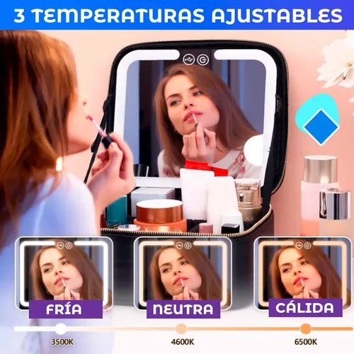 Porta Cosméticos con Espejo LED Recargable USB para Maquillaje, Negro