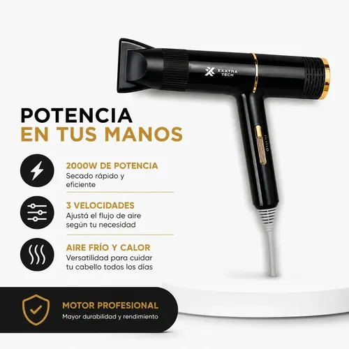 Secador De Pelo Profesional Para Viaje 2000w Exxtra Tech Con Boquilla Concentradora Compacto Liviano Aire Frío Calor Alta Potencia Rosa Claro