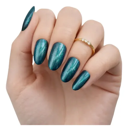 Uñas Press On Veluna Ojo De Gato Brillo Metalizado Premium Color Azul Profundo