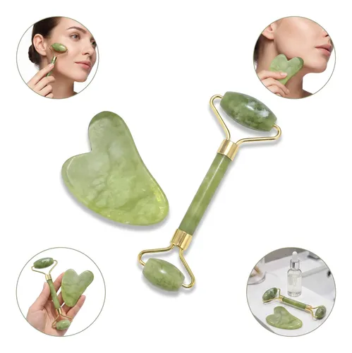 Rodillo De Jade Masajeador Facial Kit Con Piedra Guasha